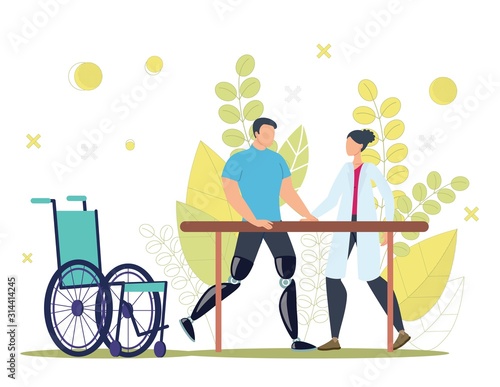 Disabled People Physical and Functional Rehabilitation, Recovery After Injury Trendy Flat Vector Concept. Injured Man with Leg Amputations Training, Learning to Walk with Prosthesis Illustration