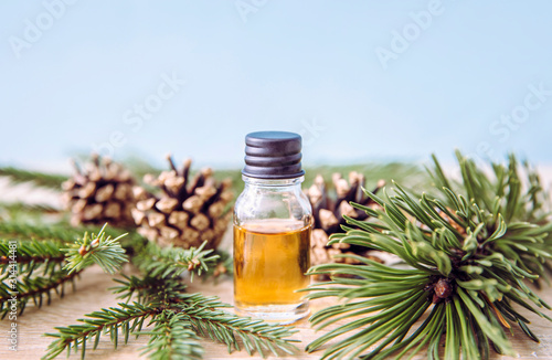 Pine and fir tree aroma oil bottle with pine tree and fir tree branches for decoration on lights wooden background. Essential oil concept.