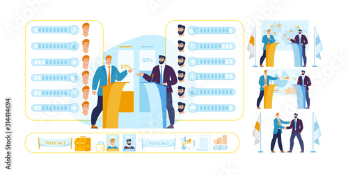 Politicians Constructor Characters and Scenes Set. Man in Formal Clothes Having Speech Standing at Tribune with Microphone. Voting, Debate, Election Race, Emotions and Accessories. Vector Illustration