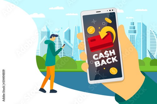 Cashback loyalty program concept. Credit or debit card with returned coins on smartphone screen in man hand on city street. Refund money service design. Bonus cash back vector illustration