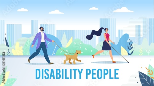 Disabled People Daily Life Activities Trendy Flat Vector Banner, Poster Template. Blind Woman and Man in Black Glasses Walking in City Park, Finding Way with Cane and Trained Guide Dog Illustration