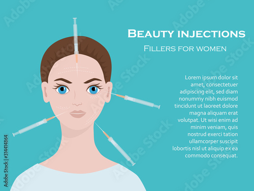 Anti-aging treatments. The face of a beautiful woman and syringes with fillers for facial rejuvenation. Beauty injections. Vector illustration with place for text.