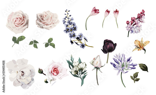 Roses. Flowers and leaves, watercolor, can be used as greeting card, invitation card for wedding, birthday and other holiday and  summer background. Vector illustration.