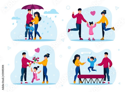 Family Recreation Activities Trendy Flat Vector Concepts Set. Parents with Children Walking Outside in Rain, Riding Roller-Skates, Spending Time Together, Jumping on Trampoline Isolated Illustrations