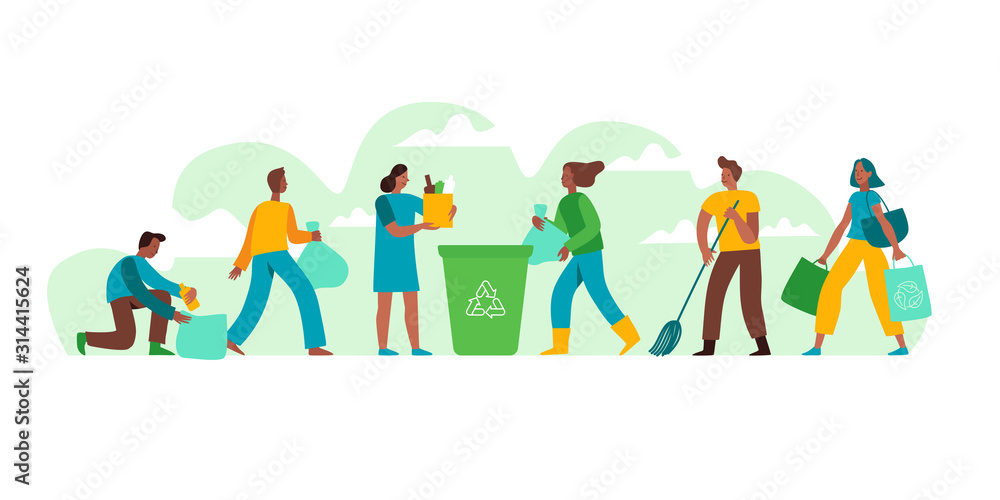 Vector illustration in flat cartoon simple style with characters - recycling and ecology concept - people cleaning earth from trash and plastic - illustration for banner, landing page or greeting card Vector illustration in flat cartoon simple style with characters - recycling and ecology concept - people cleaning earth from trash and plastic - illustration for banner, landing page or greeting card