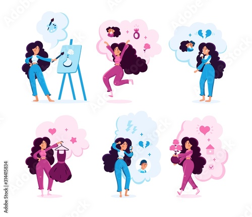 Young Woman Lifestyle Trendy Flat Vector Character Set. Lady Practicing Art Therapy, Celebrating Engagement, Crying Because Relationships Break, Choosing Dress, Calling Boyfriend Isolated Illustration