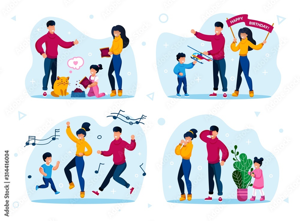 Fototapeta premium Family Holiday Celebrations and Entertainments Trendy Flat Vector Concepts Set. Parents with Children Feeding Cat, Giving Birthday Gift to Child, Happy Dancing, Playing in Hide-and-Seek Illustrations