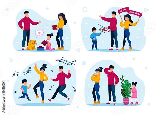 Family Holiday Celebrations and Entertainments Trendy Flat Vector Concepts Set. Parents with Children Feeding Cat, Giving Birthday Gift to Child, Happy Dancing, Playing in Hide-and-Seek Illustrations