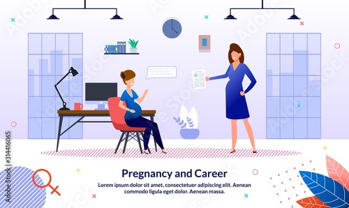Career During Pregnancy Trendy Flat Vector Banner, Poster Template. Pregnant Women Talking with Colleague, Businesswomen, Female Employees or Entrepreneurs Meeting in Company Office Illustration