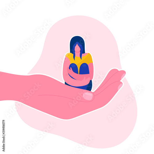 A human hand holds a sad little woman.Psychological support, help, psychotherapy.Emotional problem.Concept.Flat vector illustration