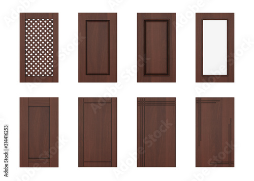 Wooden furniture door isolated on white background. Door set. 3D rendering.