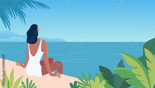 Vector illustration in trendy flat and simple style -  summer landscape and woman enjoying vacation - background for banner, greeting card, poster and advertising