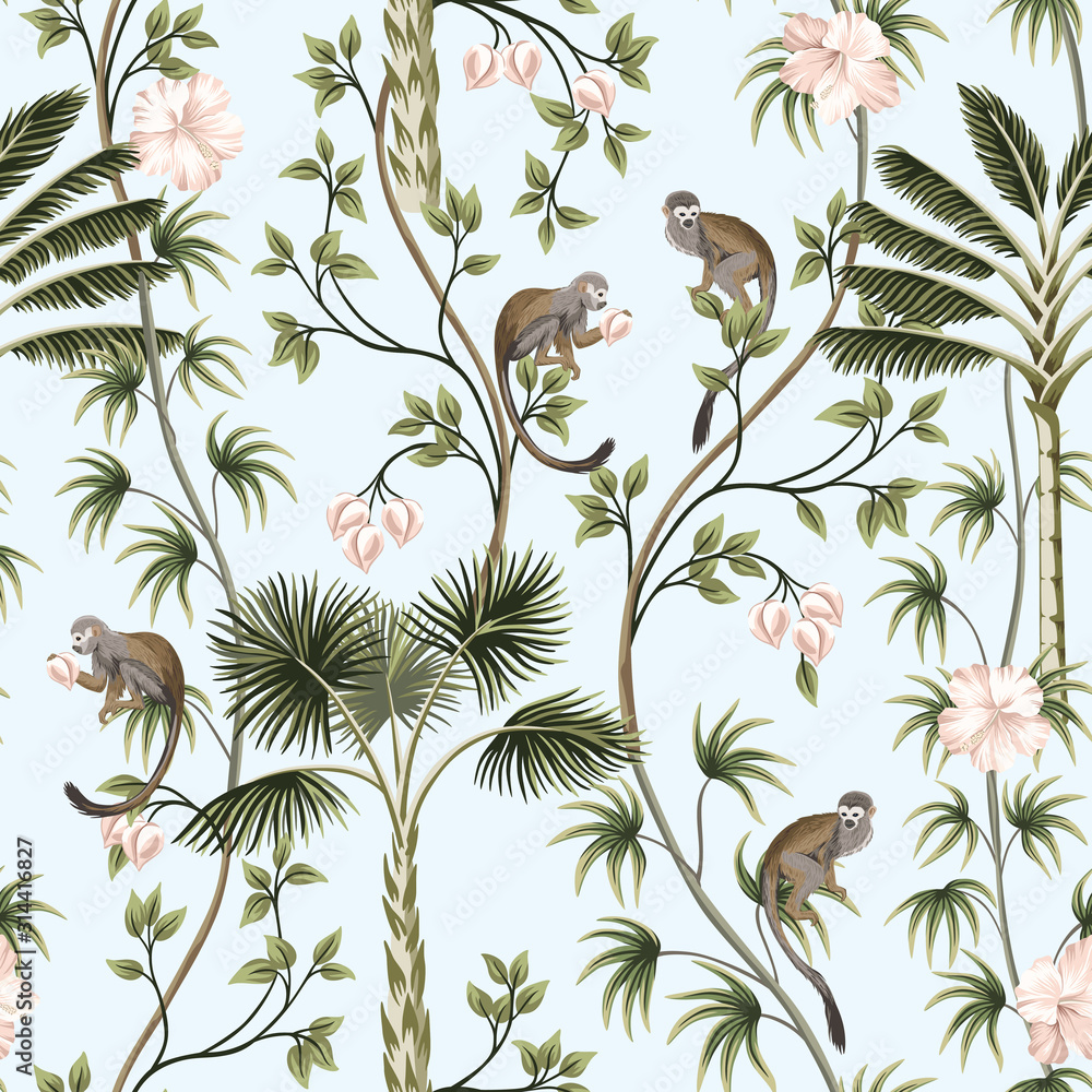Fototapeta Tropical vintage monkey animal, hibiscus flower, peach fruit, palm leaves, liana floral seamless pattern blue background. Exotic jungle wallpaper.