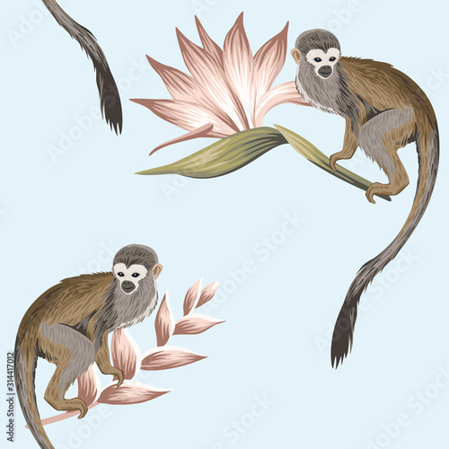 Tropical vintage monkey animal, strelitzia flower floral seamless pattern blue background. Exotic jungle wallpaper.