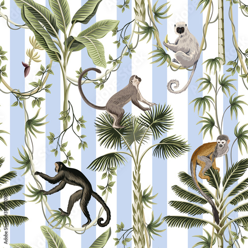 Tropical vintage monkey, sloth animal, palm tree, banana tree, liana floral seamless pattern striped background. Exotic jungle wallpaper.