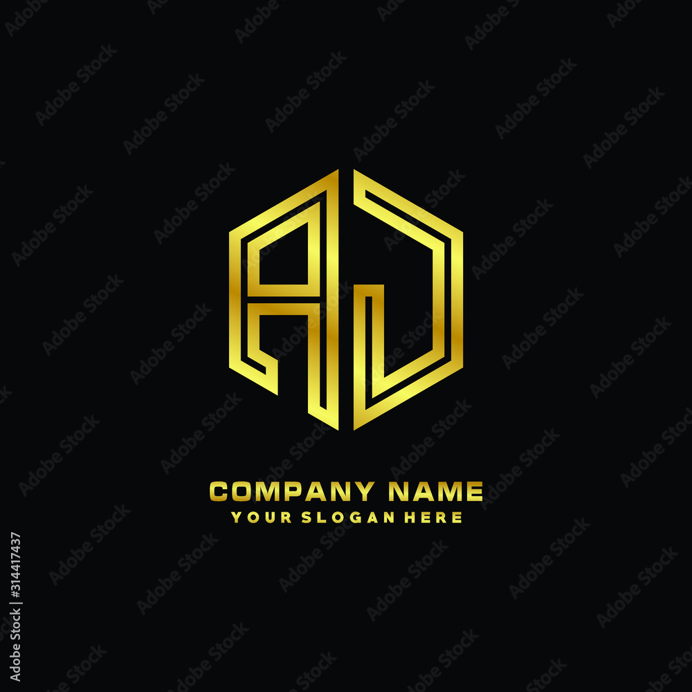 Initial letter AJ, minimalist line art monogram hexagon logo, gold color Initial letter AJ, minimalist line art monogram hexagon logo, gold color