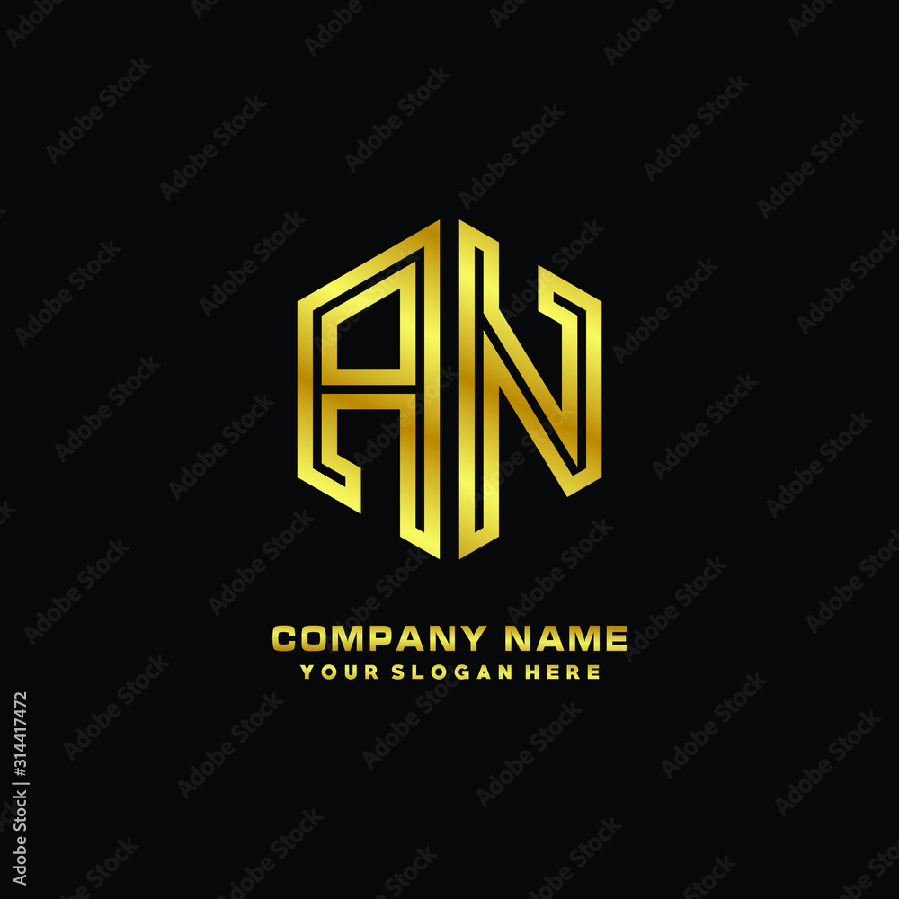 Initial letter AN, minimalist line art monogram hexagon logo, gold color Initial letter AN, minimalist line art monogram hexagon logo, gold color