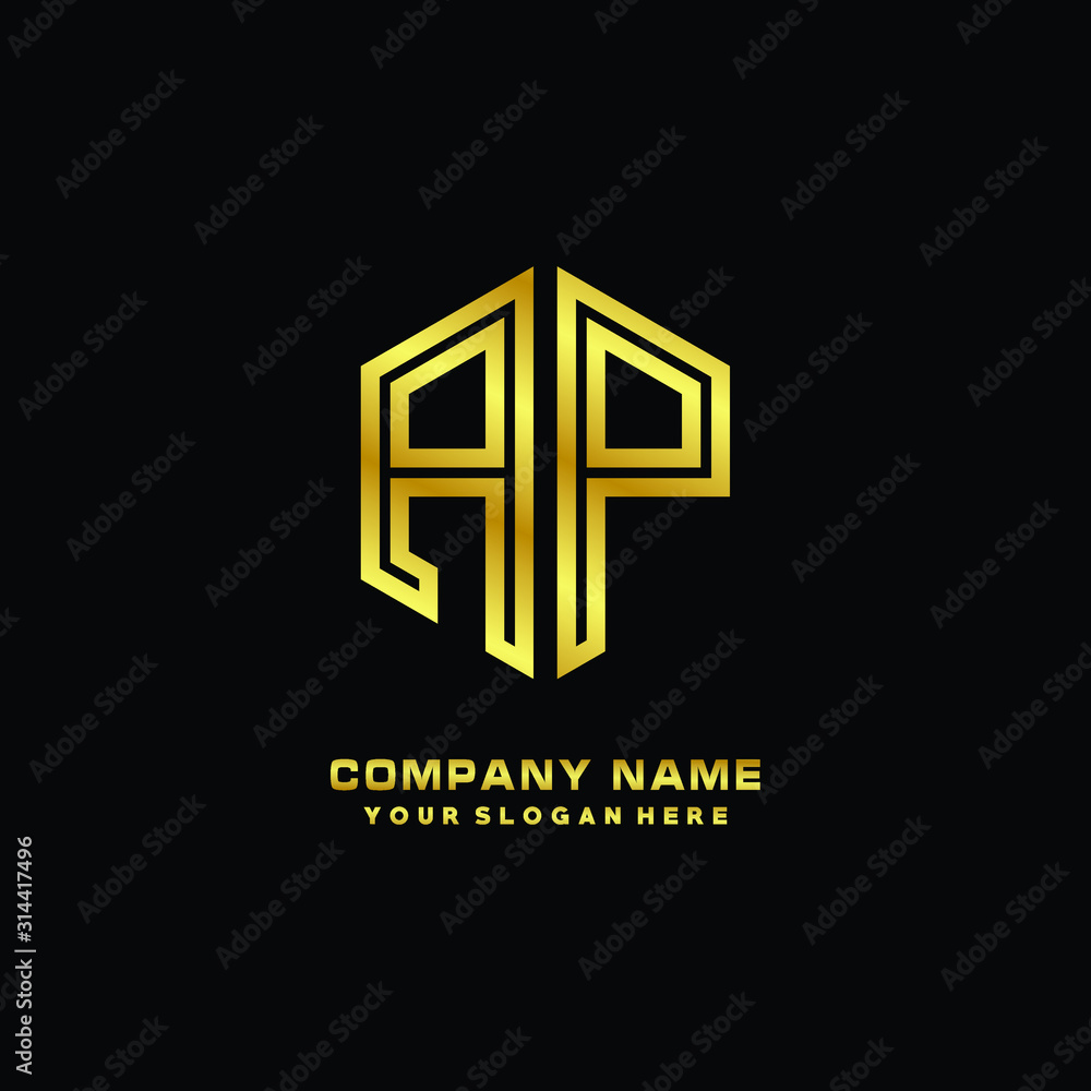 Initial letter AP, minimalist line art monogram hexagon logo, gold color Initial letter AP, minimalist line art monogram hexagon logo, gold color