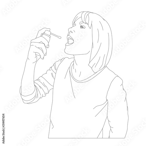 a young woman sprays into her mouth with a spray bottle to treat throat cough contour vector illustration