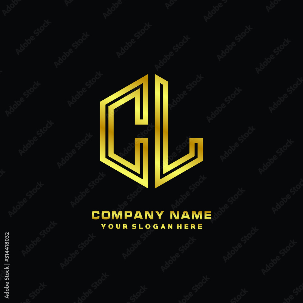Fototapeta premium Initial letter CL, minimalist line art monogram hexagon logo, gold color