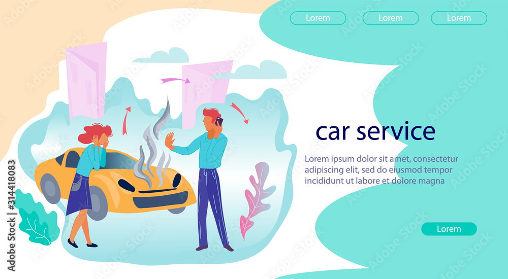 Car repair services and workshop online application interface or web banner template with cartoon people characters. Vehicle workshop, auto evacuator and help on road. Flat vector illustration.