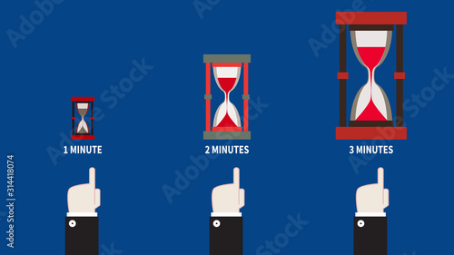 Three hands point to hourglass icons and seconds