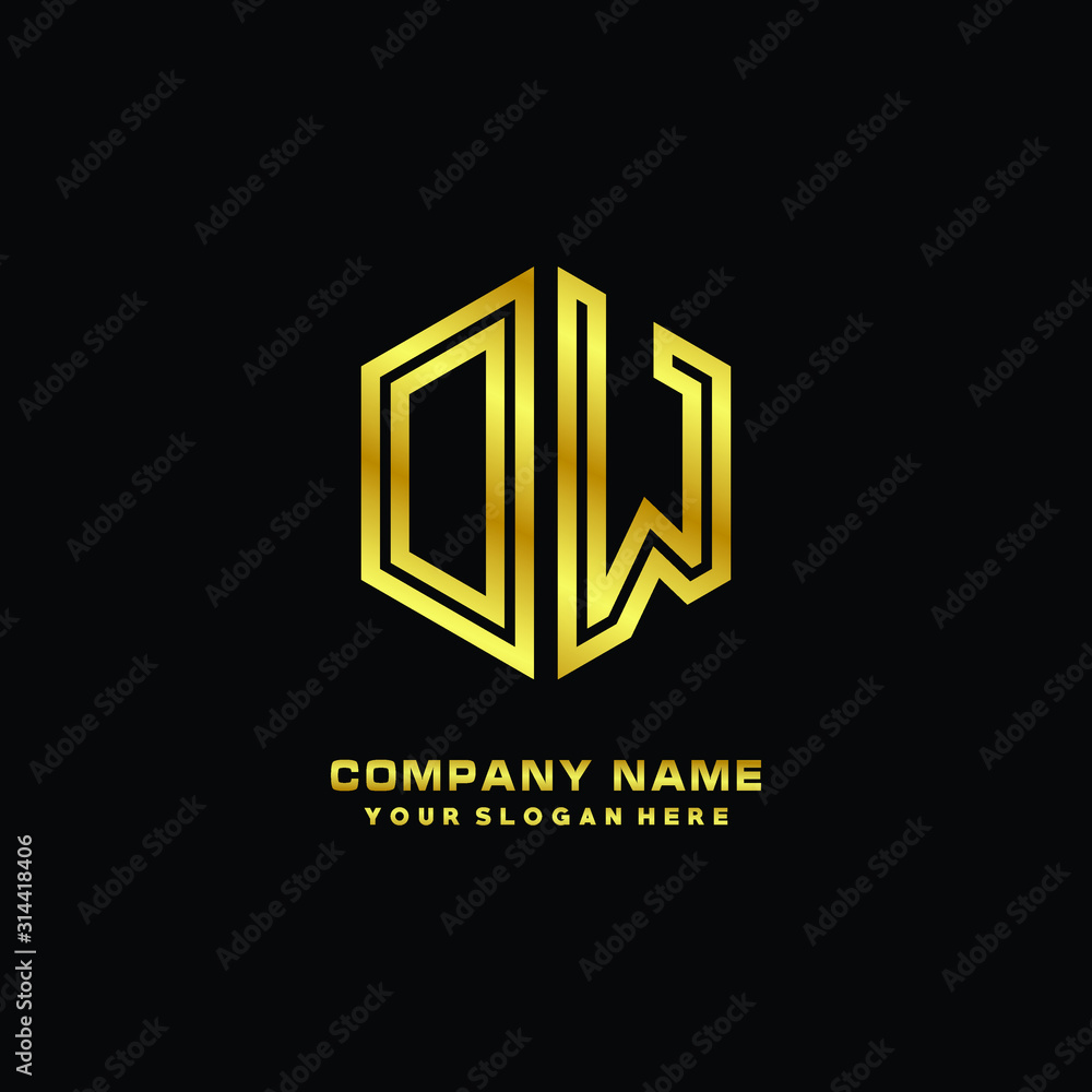 Initial letter DW, minimalist line art monogram hexagon logo, gold color Initial letter DW, minimalist line art monogram hexagon logo, gold color