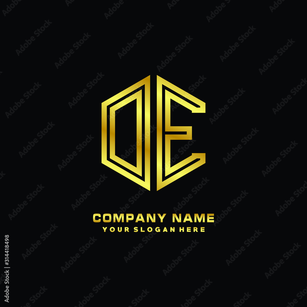 Initial letter DE, minimalist line art monogram hexagon logo, gold color Initial letter DE, minimalist line art monogram hexagon logo, gold color
