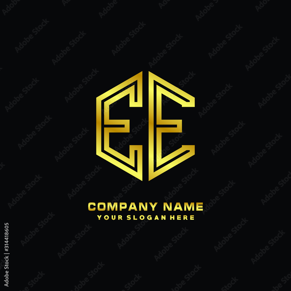 Initial letter EE, minimalist line art monogram hexagon logo, gold color Initial letter EE, minimalist line art monogram hexagon logo, gold color