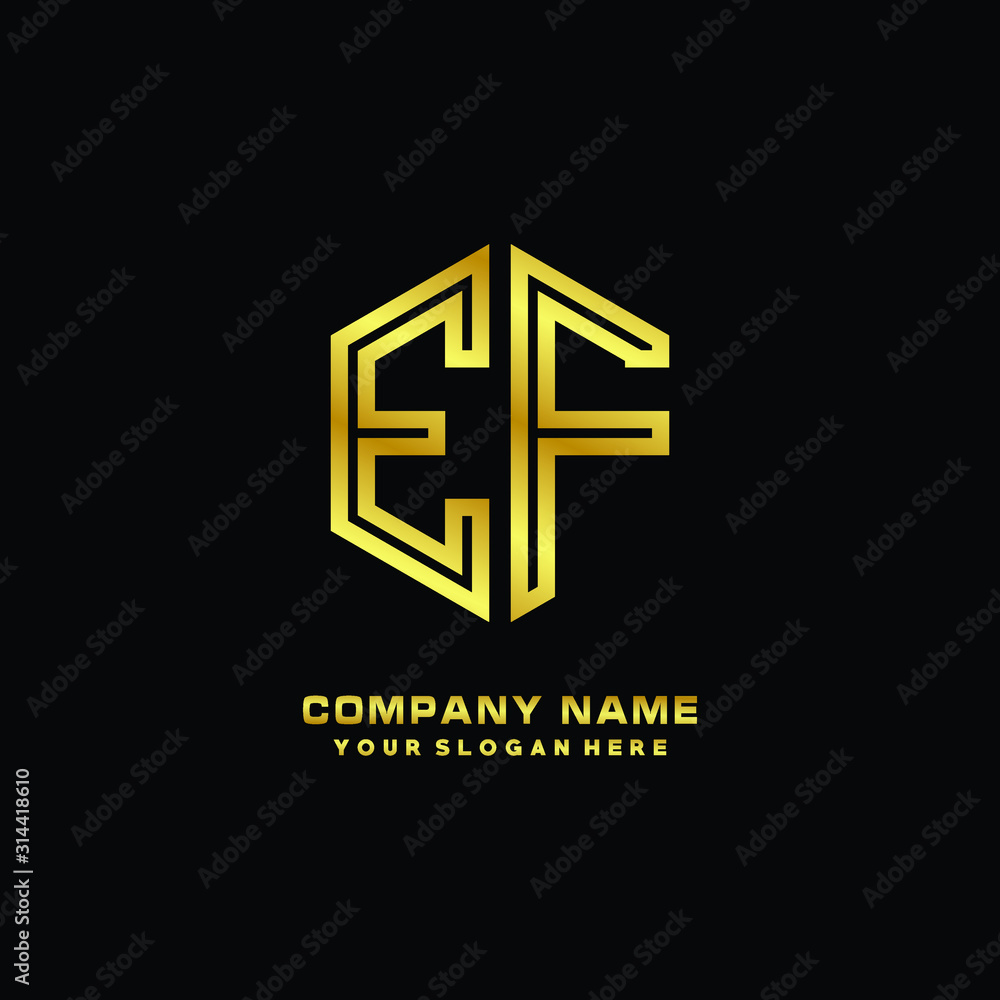 Initial letter EF, minimalist line art monogram hexagon logo, gold color Initial letter EF, minimalist line art monogram hexagon logo, gold color