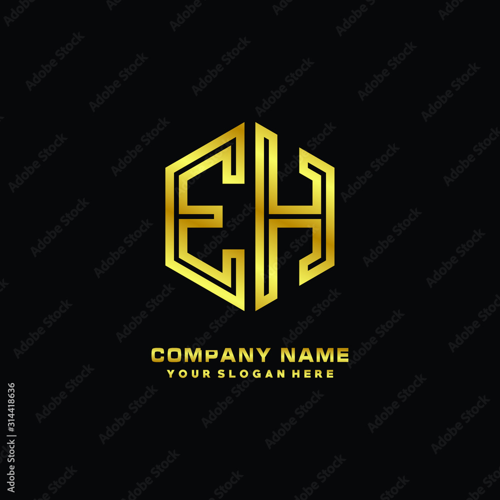 Initial letter EH, minimalist line art monogram hexagon logo, gold color Initial letter EH, minimalist line art monogram hexagon logo, gold color