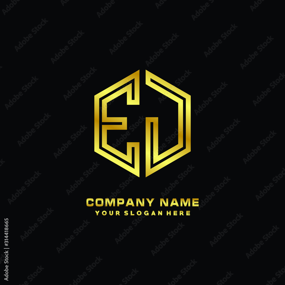 Initial letter EJ, minimalist line art monogram hexagon logo, gold color Initial letter EJ, minimalist line art monogram hexagon logo, gold color