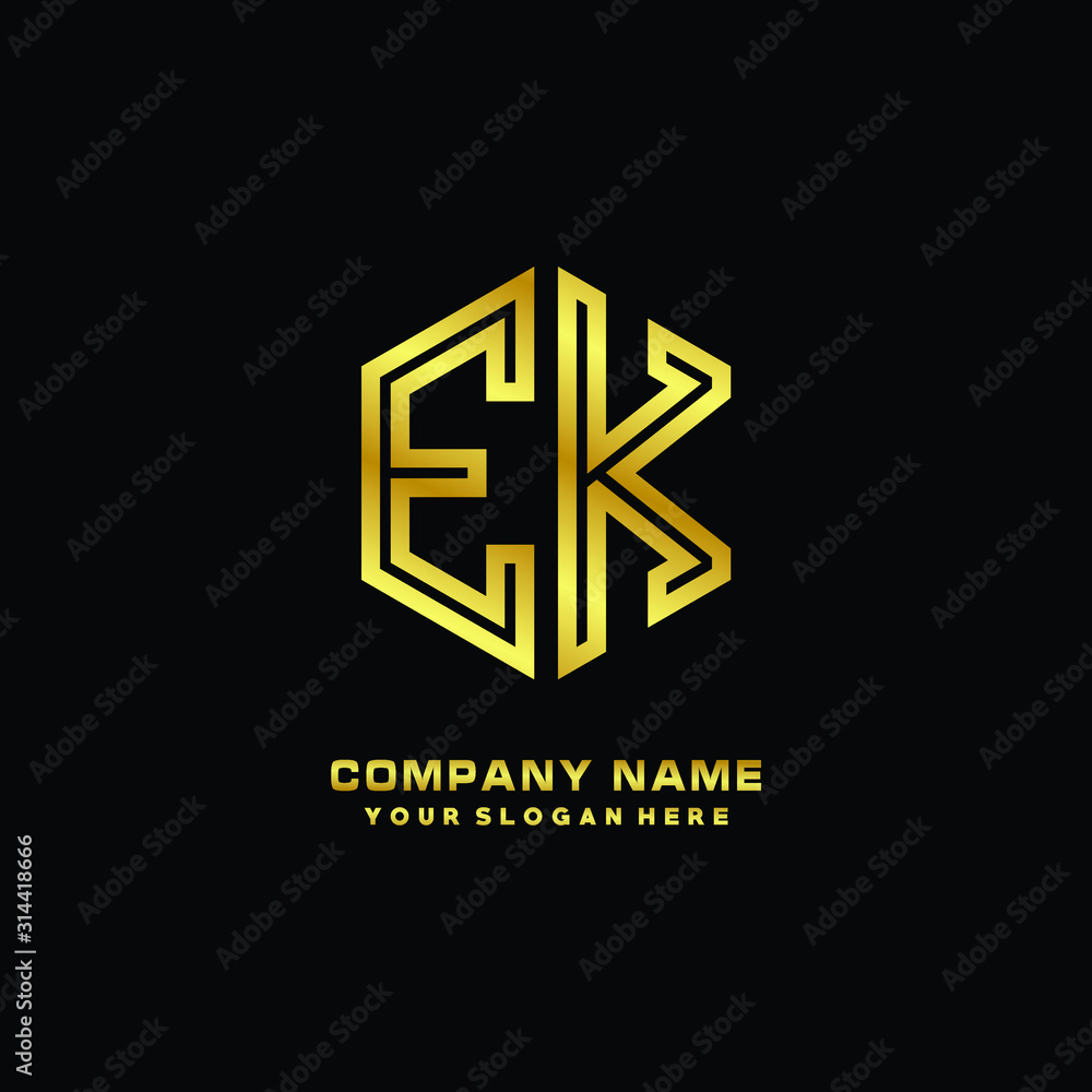 Initial letter EK, minimalist line art monogram hexagon logo, gold color Initial letter EK, minimalist line art monogram hexagon logo, gold color