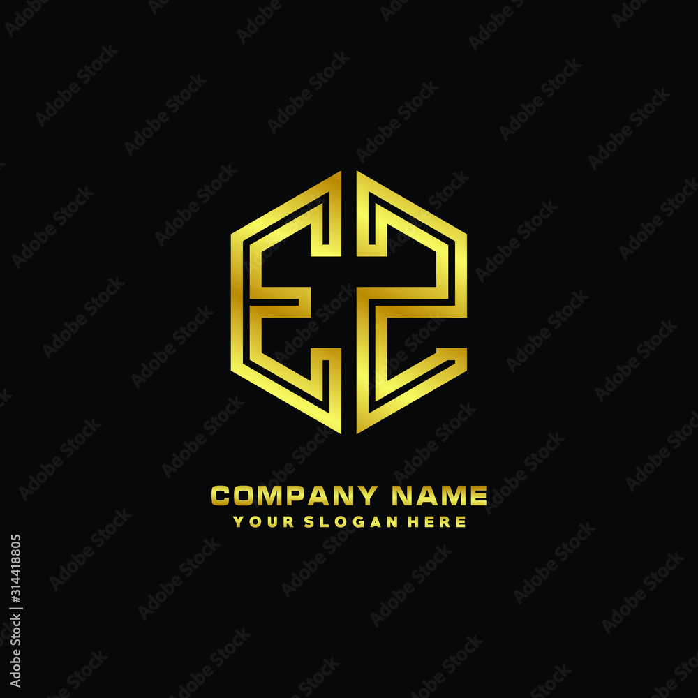 Initial letter EZ, minimalist line art monogram hexagon logo, gold color Initial letter EZ, minimalist line art monogram hexagon logo, gold color