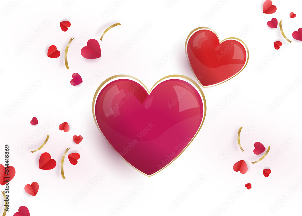  Love and valentine day. Hearts on white background with golden elements
