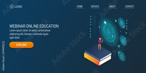 Online education, webinar, digital training, e-learning and tutorial concept. Student interacting with digital webinar. Hud design isometric concept.