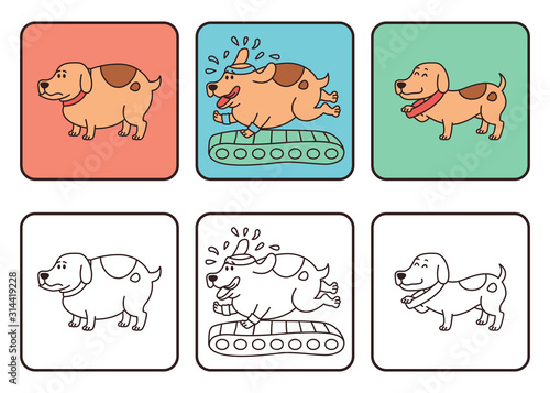 Dog with normal weight and overweight, pet obesity drawing. The growing problem of obesity in dogs. Running on a treadmill, became happy and slim. Vector illustration isolated on white background.