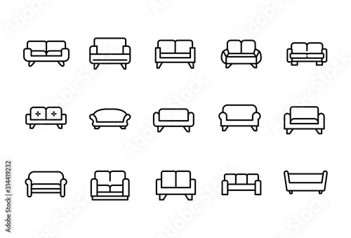 Set of sofa related vector line icons.