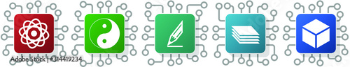 Set of science, yang, ying, cube and drawing icons for webdesign and mobile applications, cpu, chip concept vector illustration