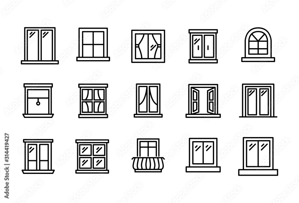 Fototapeta Set of window related vector line icons.