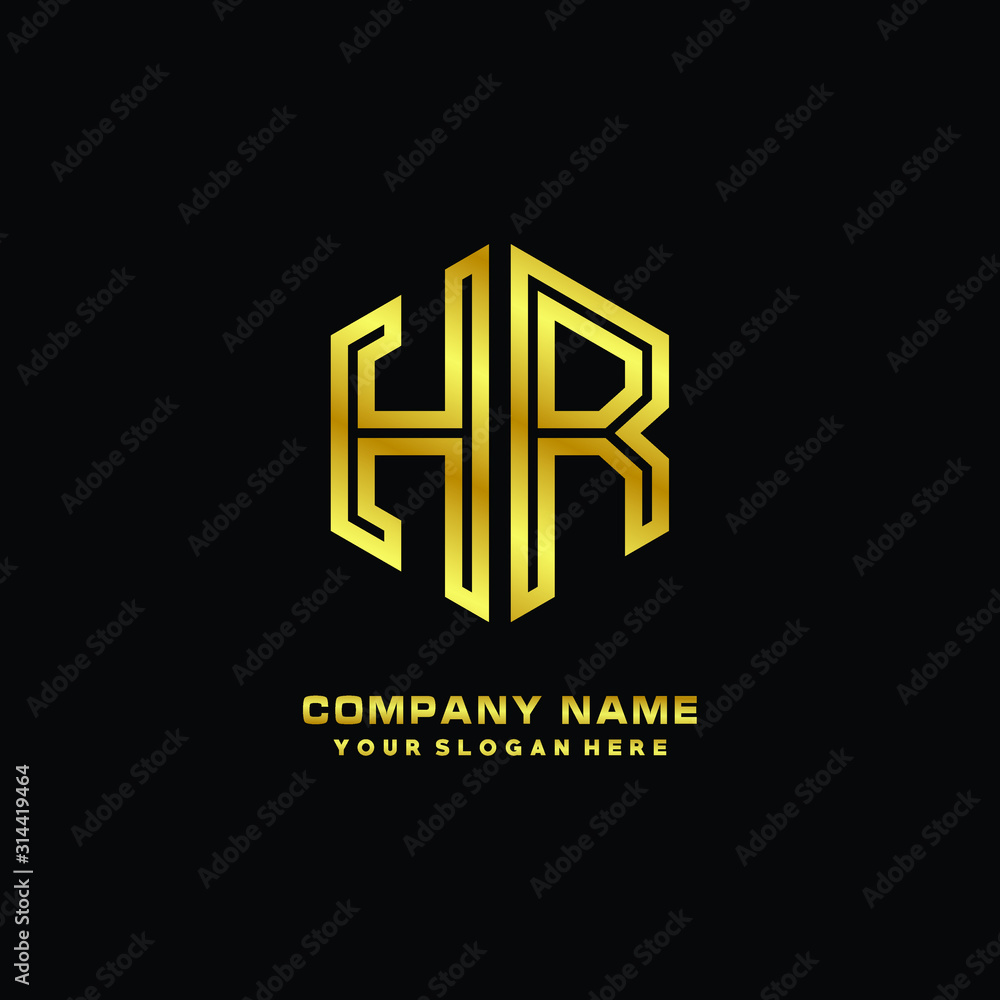 Initial letter HR, minimalist line art monogram hexagon logo, gold color Initial letter HR, minimalist line art monogram hexagon logo, gold color