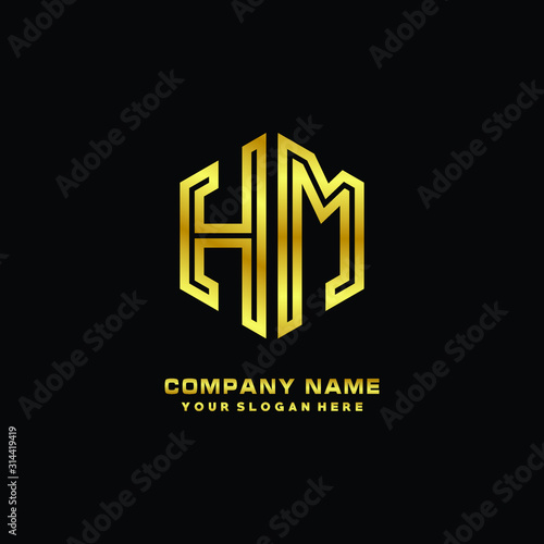Initial letter HM, minimalist line art monogram hexagon logo, gold color