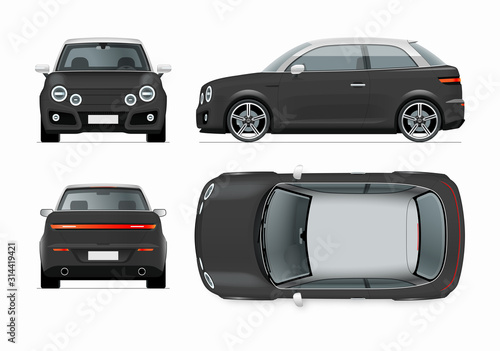 Modern compact city car mockup. Side, top, front and rear view of realistic small black noname car isolated on white background.