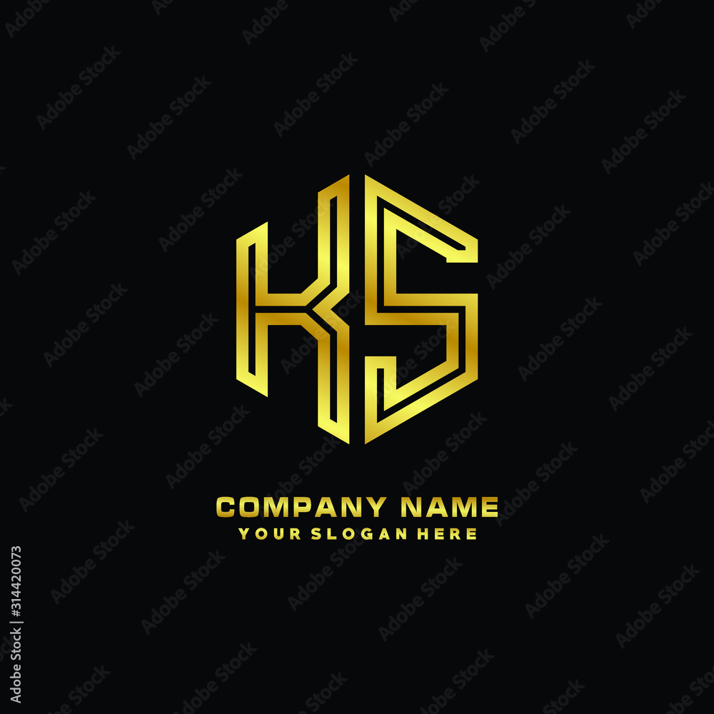 Initial letter KS, minimalist line art monogram hexagon logo, gold color Initial letter KS, minimalist line art monogram hexagon logo, gold color