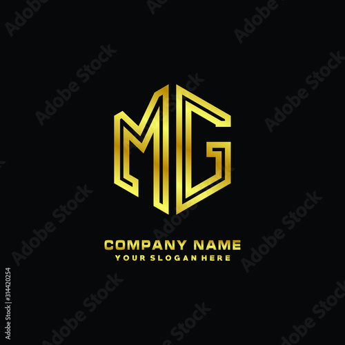 Initial letter MG, minimalist line art monogram hexagon logo, gold color