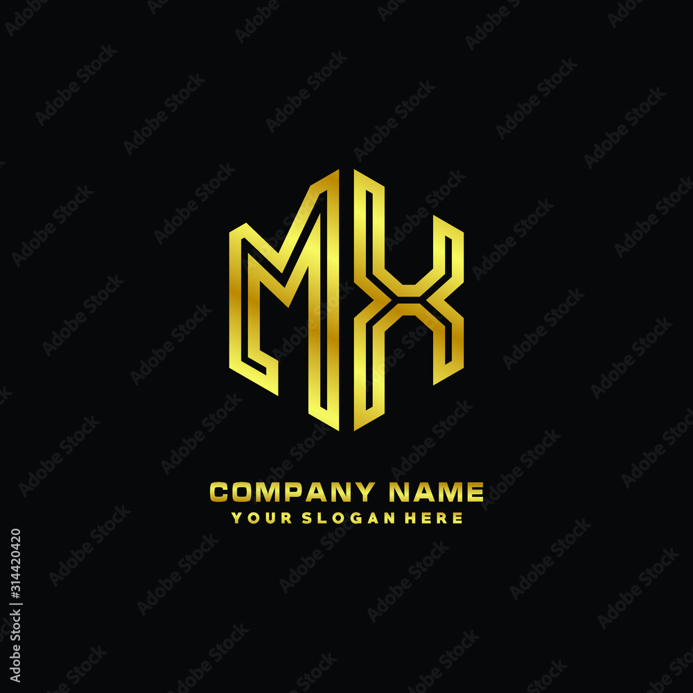 Initial letter MX, minimalist line art monogram hexagon logo, gold color Initial letter MX, minimalist line art monogram hexagon logo, gold color