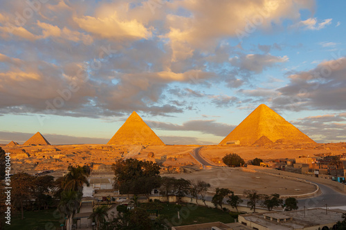 The sunrise the Great Pyramid in Giza Valley, Cairo, Egypt