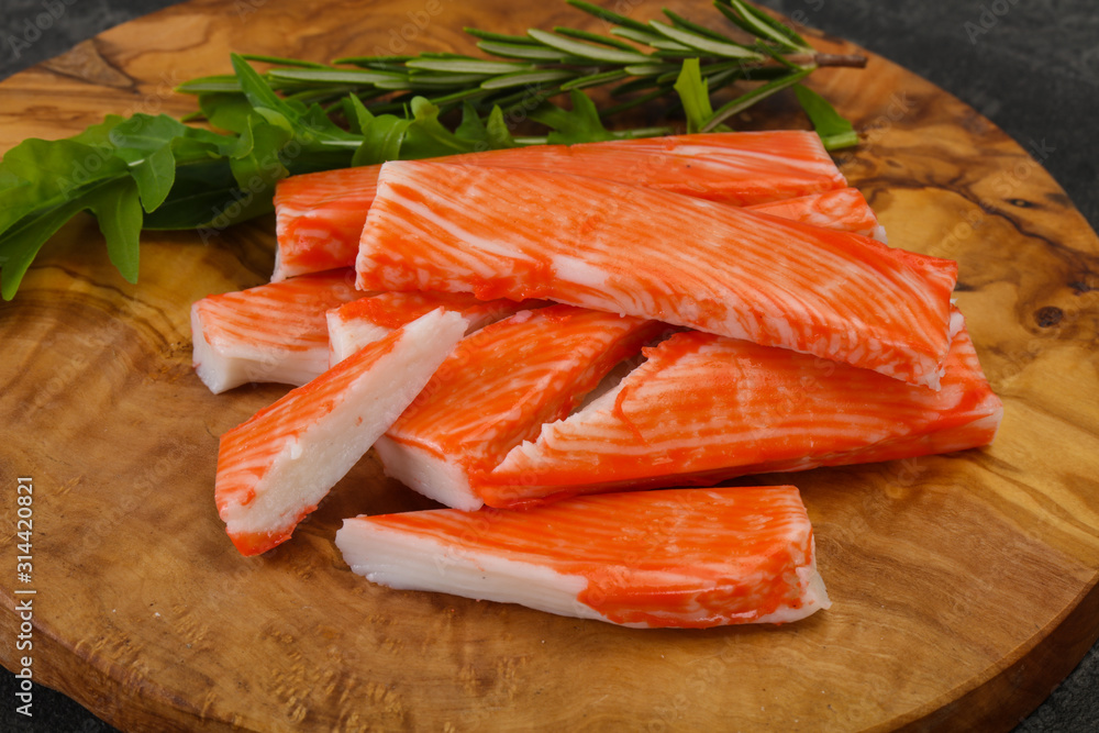 Crab stick surimi over board Crab stick surimi over board