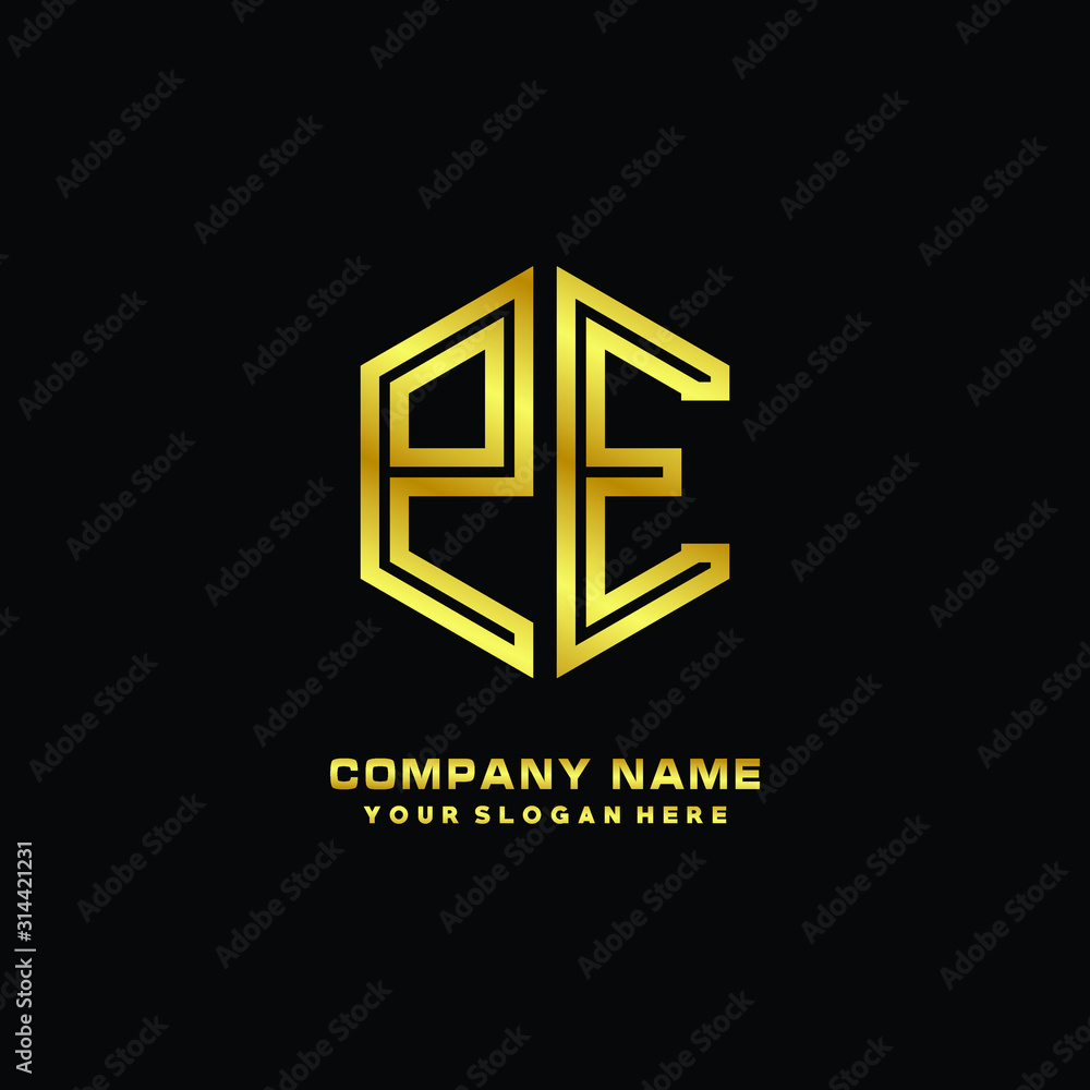 Initial letter PE, minimalist line art monogram hexagon logo, gold color Initial letter PE, minimalist line art monogram hexagon logo, gold color