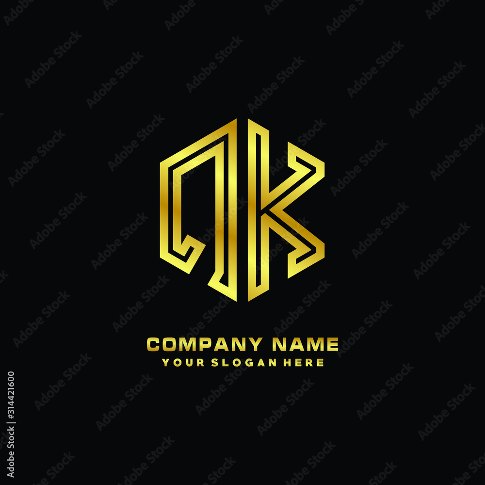 Initial letter QK, minimalist line art monogram hexagon logo, gold color Initial letter QK, minimalist line art monogram hexagon logo, gold color